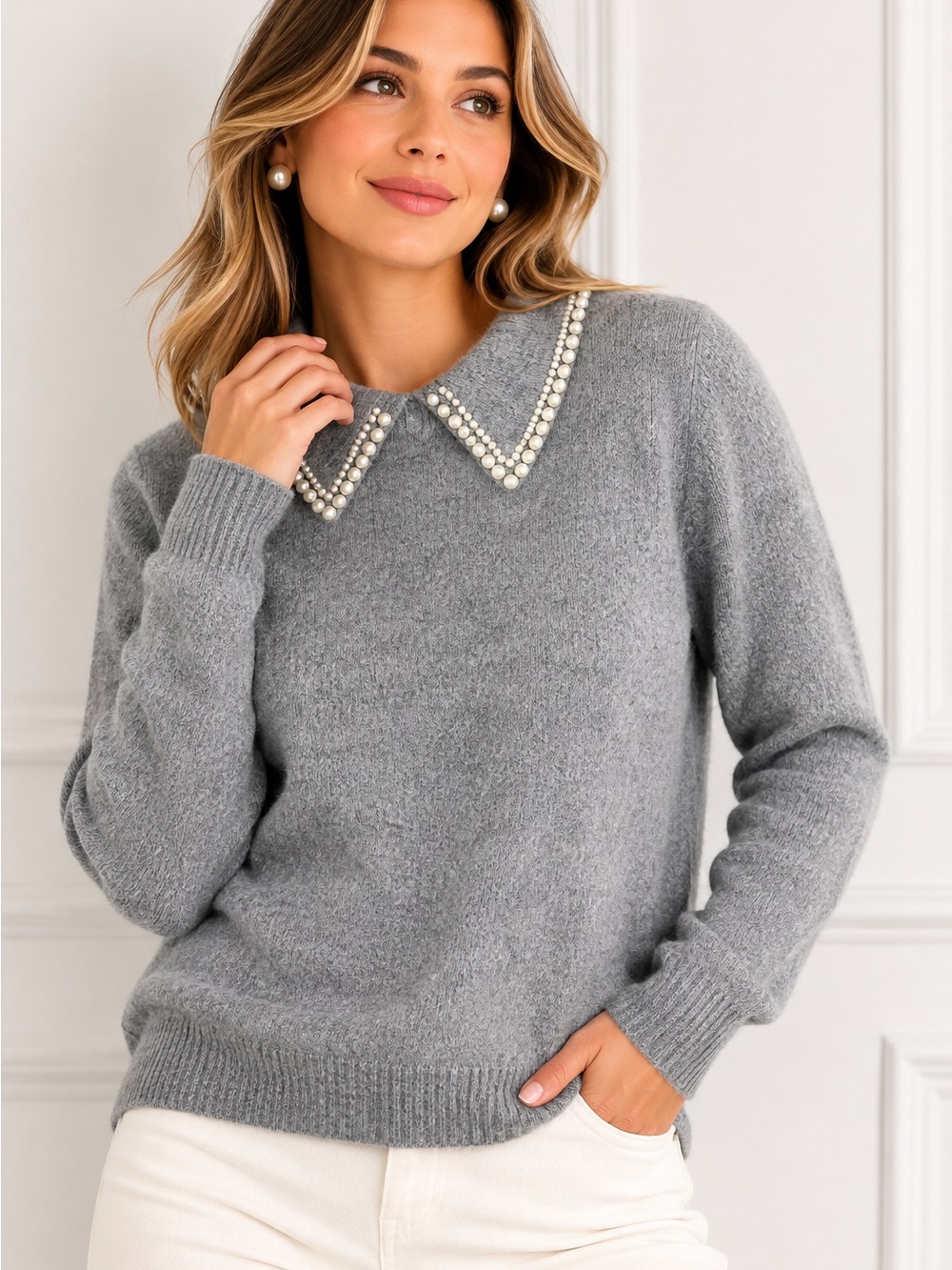 Cato Gray Pearl Collar Wool Blend Peter Pan Ribbed Sweater Size M Preppy Office